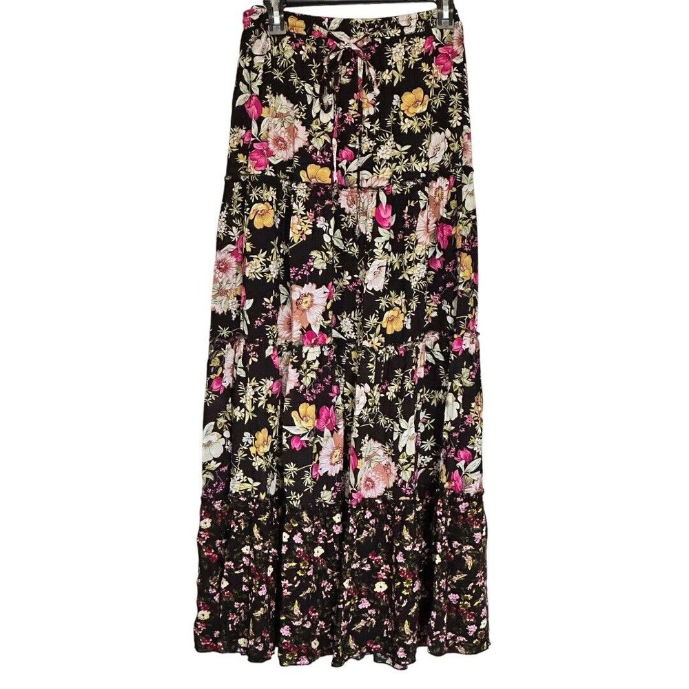 Solitaire Black Floral Ruffle Tirered Praire Maxi Skirt Cottagecore sz MED NWT